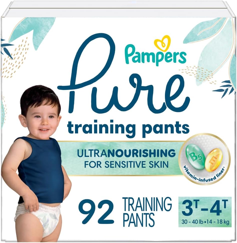 Pampers Pure Protection Training Underwear front view of the premium packaging box for potty training toddlers.