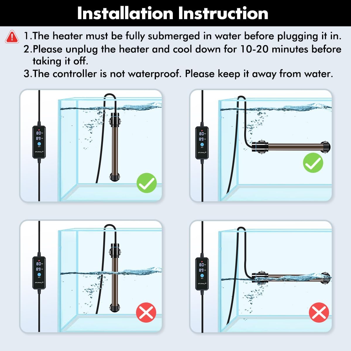 Orlushy submersible heater installed inside a freshwater aquarium