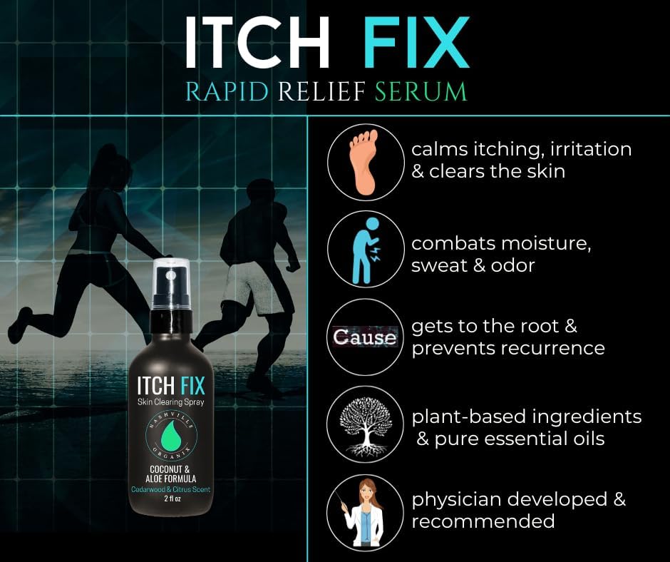 Dr A's Itch Fix spray packaging highlighting aloe vera and coconut oil ingredients for jock itch