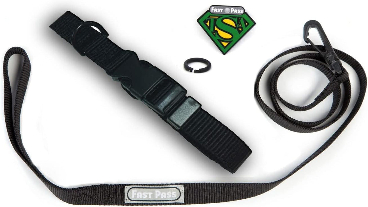 Close-up view of the adjustable black nylon small pet travel collar.