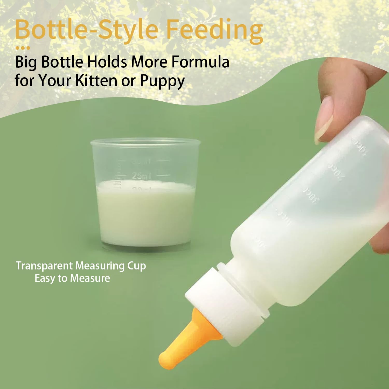 LogFaadCoi multi-size silicone nipples and plastic measuring tools for accurate kitten formula preparation.