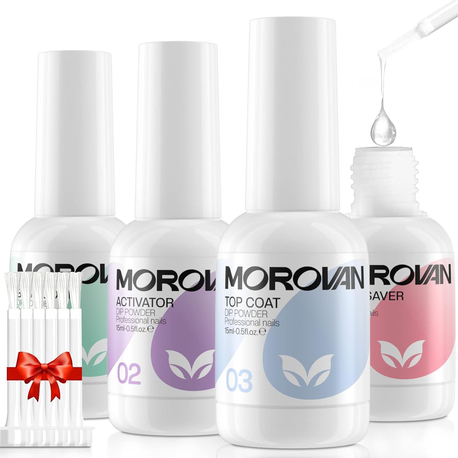 Morovan Dip Powder Liquid Set with 15ml bottles of base coat top coat and activator