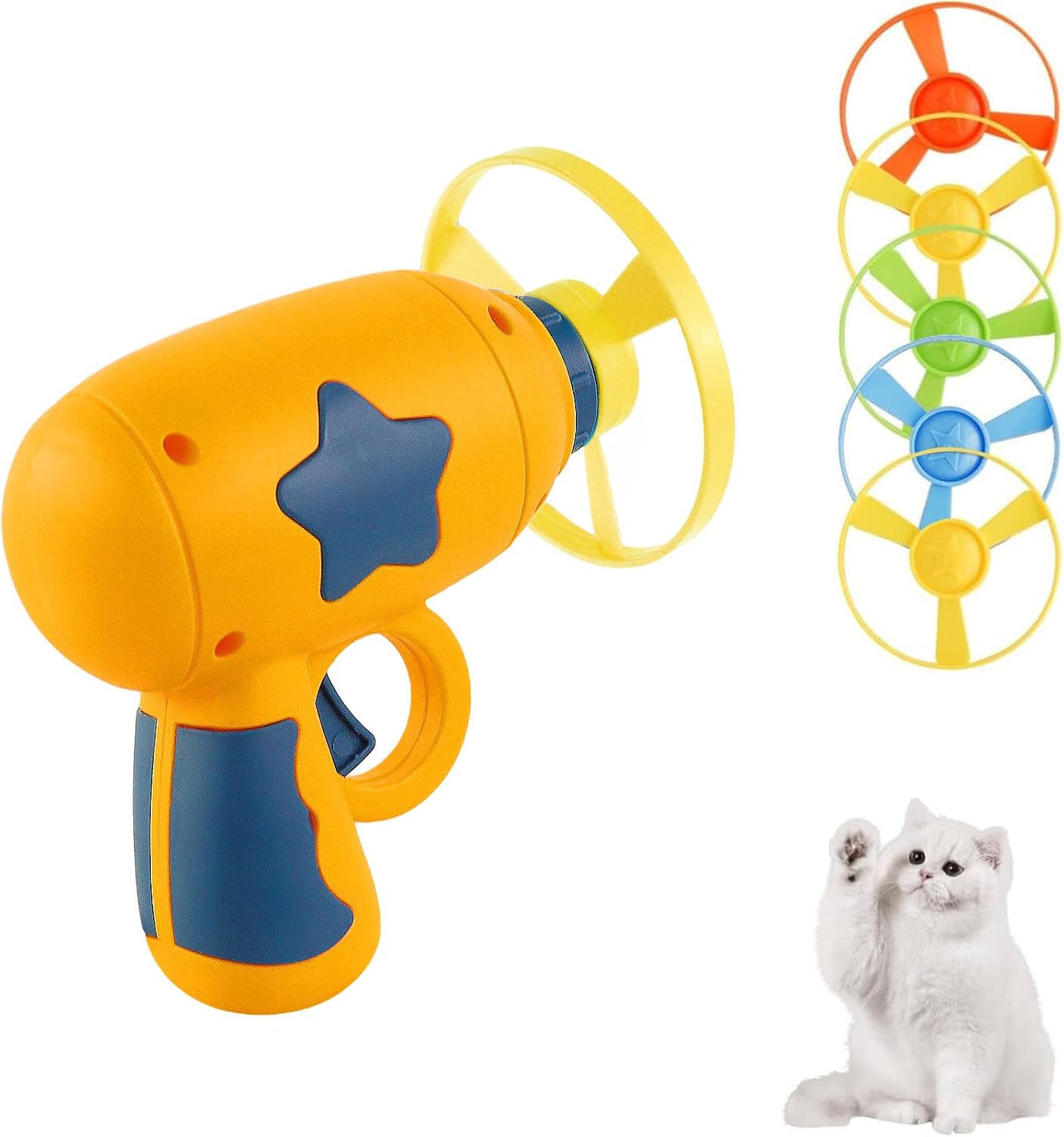 Andiker Cat Fetch Toy, Interactive Kitten Flying Disc Launcher Toy with 5 Colorful Flying Propellers for Cat Enrichment, Flying Saucer Toy for Cats for Training and Chasing (Blue) - Image 11