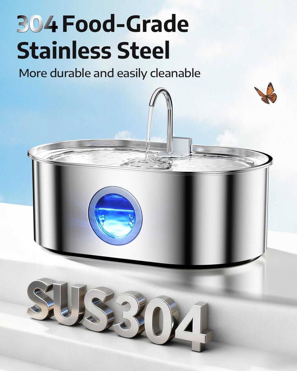 Quiet pump and stainless steel reservoir of the Ecoconut fountain