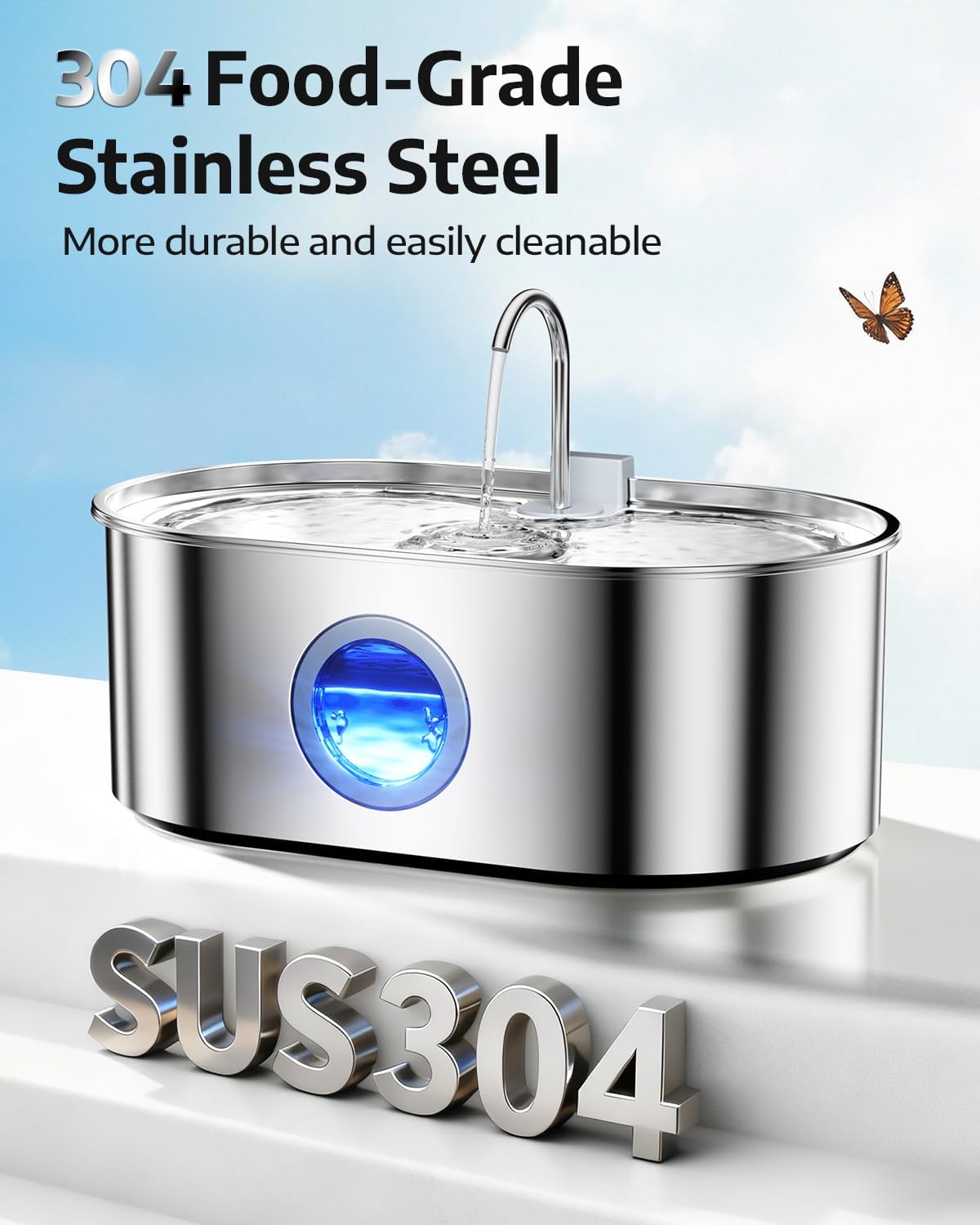 Quiet pump and stainless steel reservoir of the Ecoconut fountain