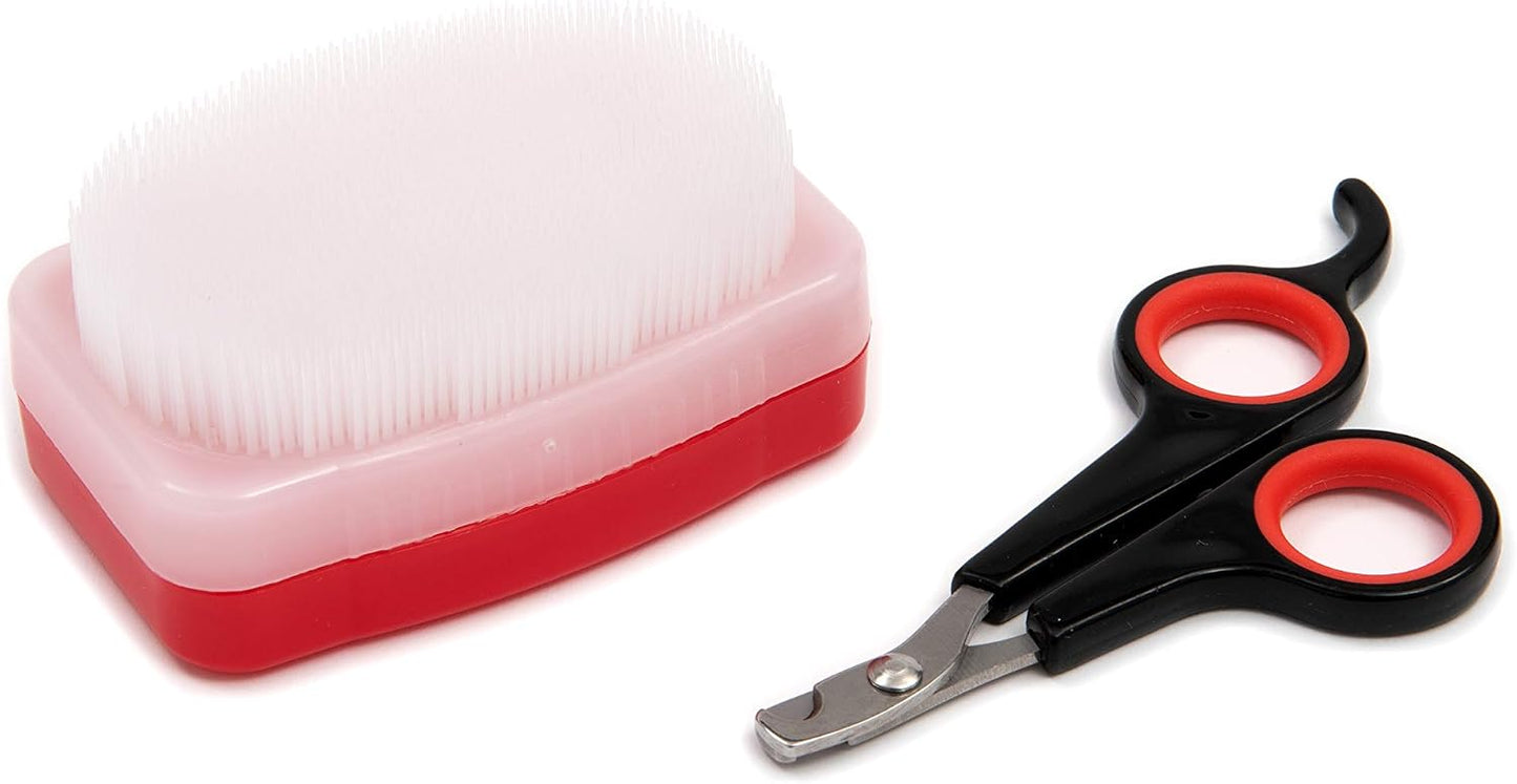 Lixit small animal grooming kit front view of red brush and metal clippers