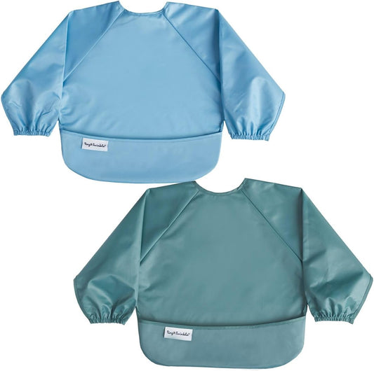 Tiny Twinkle baby long sleeve bib in slate olive front view showing full sleeve coverage and crumb pocket.