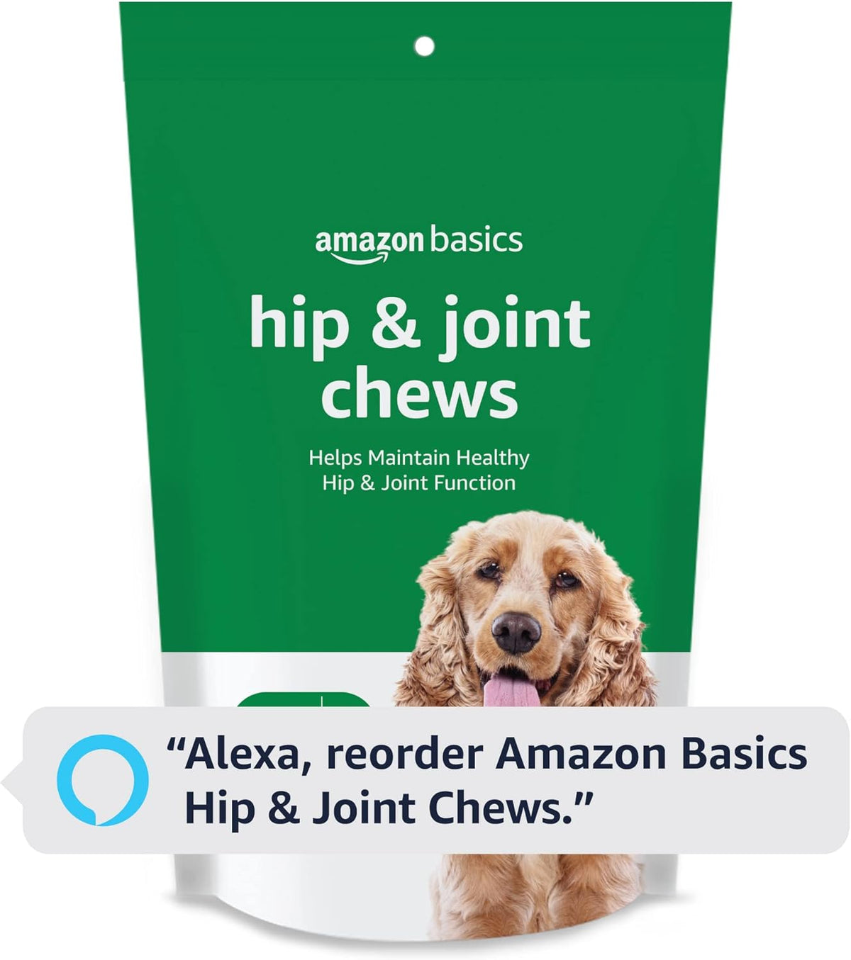 Back label view of Amazon Basics dog mobility supplement with daily feeding directions