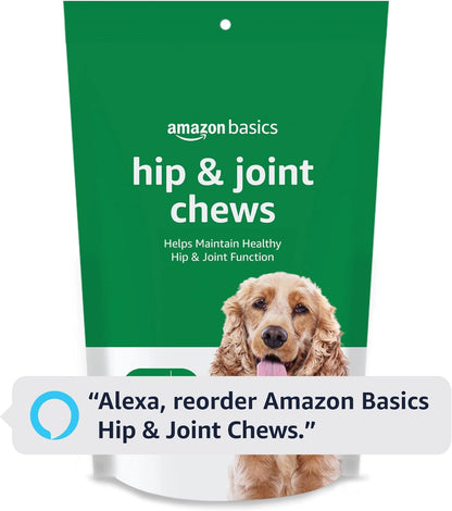 Back label view of Amazon Basics dog mobility supplement with daily feeding directions