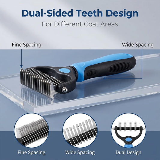 Dual-sided undercoat rake for dogs and cats displaying the nine-tooth dematting side.