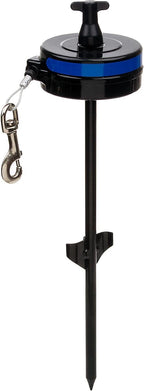 Side view of Lixit retractable tie out showing mounting bracket and stake