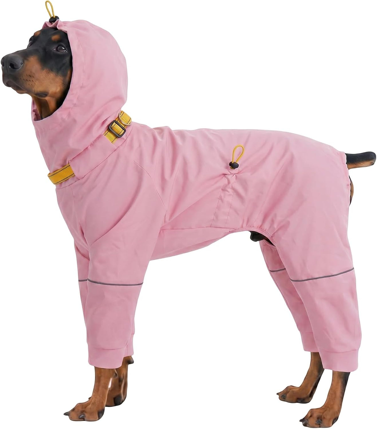 Kuoser Waterproof Dog Raincoat front view on a large pink dog