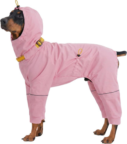 Kuoser Waterproof Dog Raincoat front view on a large pink dog