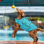 Adjustable quick-release buckles and nylon straps on the EMUST pet life vest.