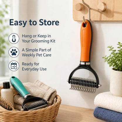 Ergonomic grip design of orange pet grooming rake
