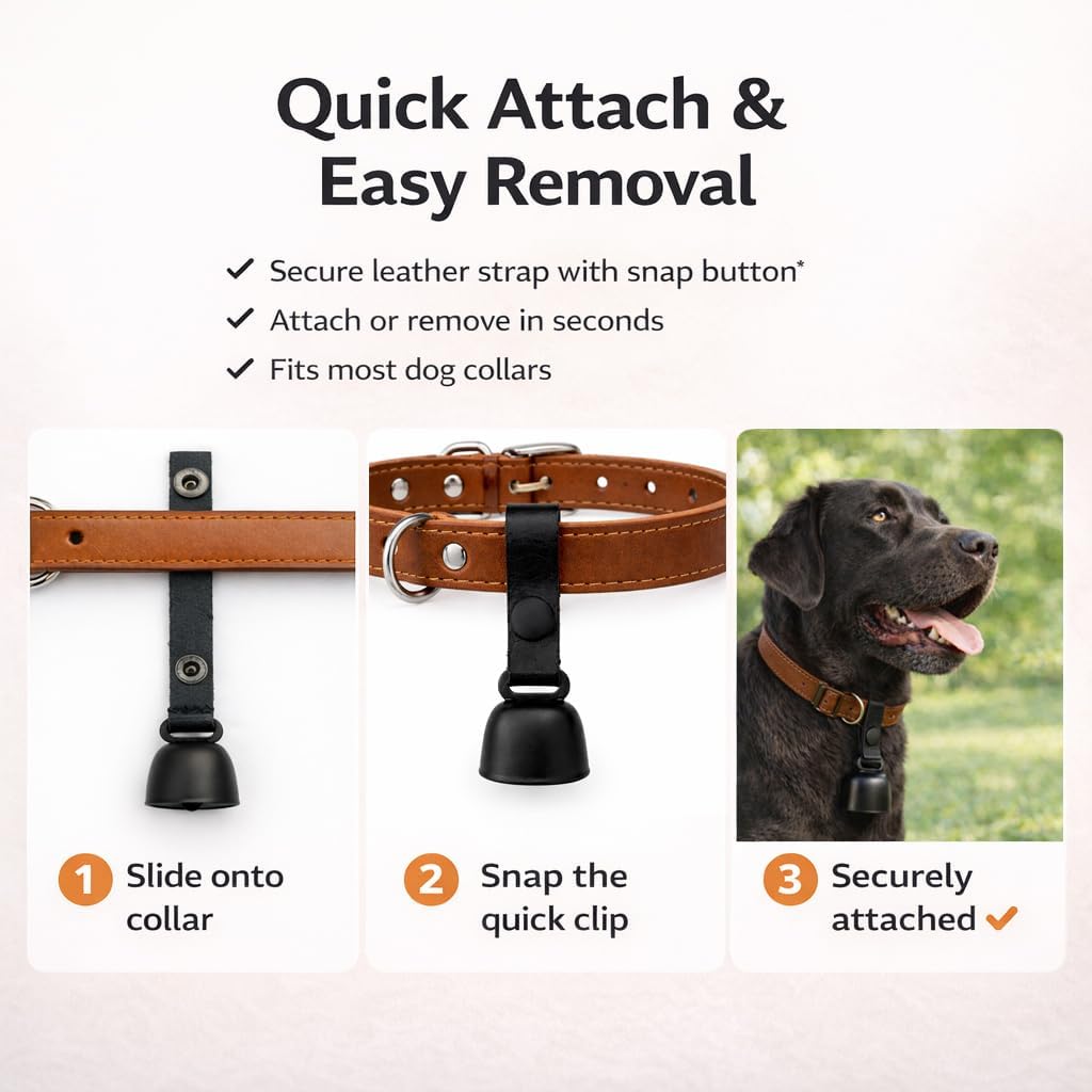 kcrygogo All-Black Dog Bell Set with Genuine Leather Strap, Matte Black Loud Jingle Bell, High-End Stylish Design, Quick Clip, Fits Most Dog Collars, Includes 2 Bells & 2 Pet ID Trackers - Image 9