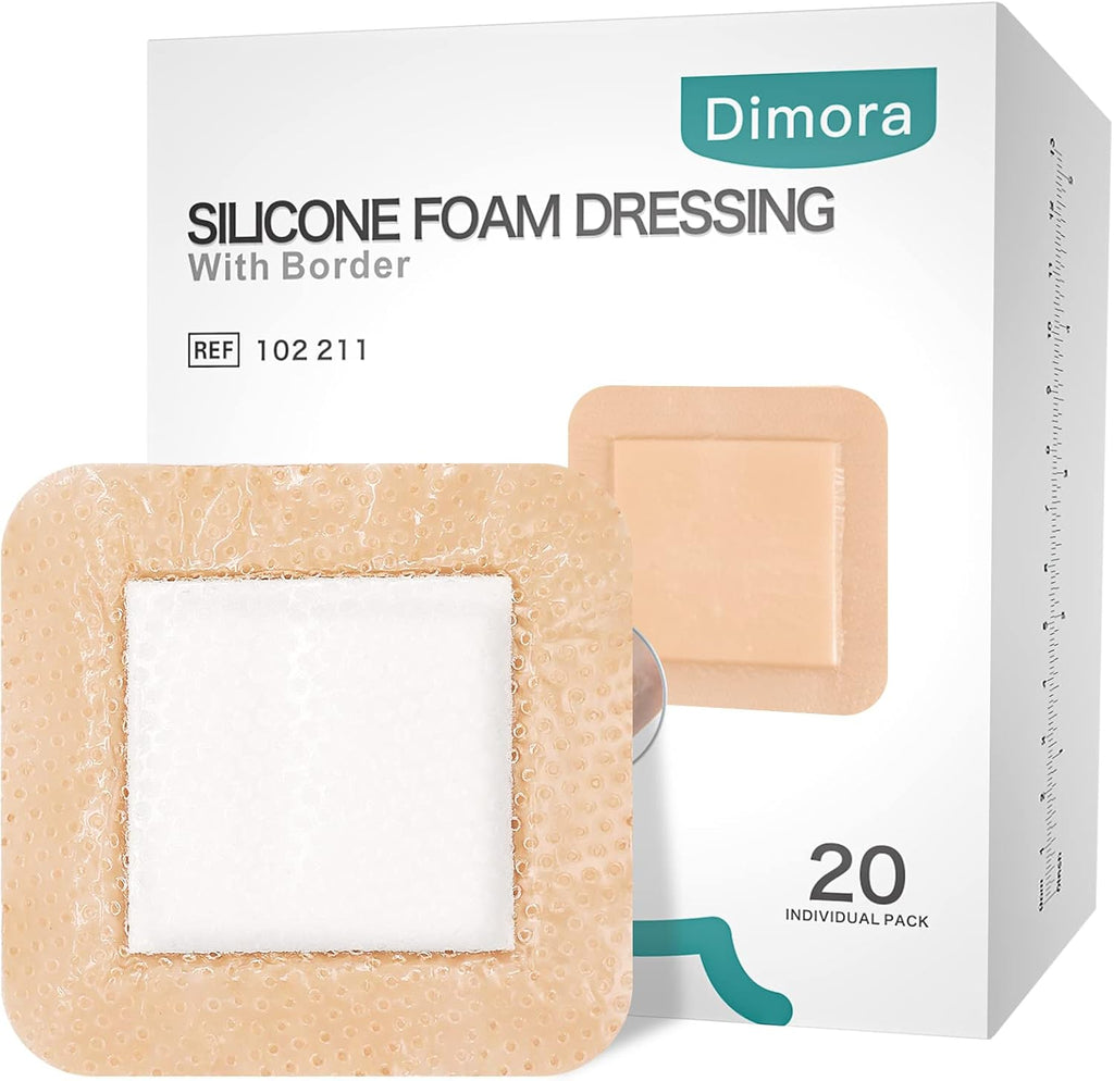 Dimora silicone foam dressing with border front view box packaging for wound care