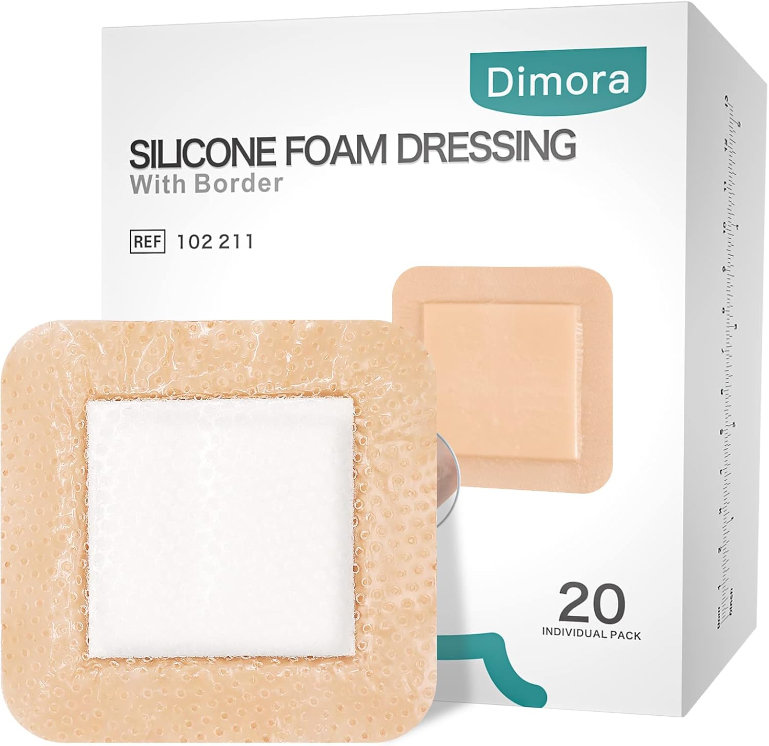 Dimora silicone foam dressing with border front view box packaging for wound care