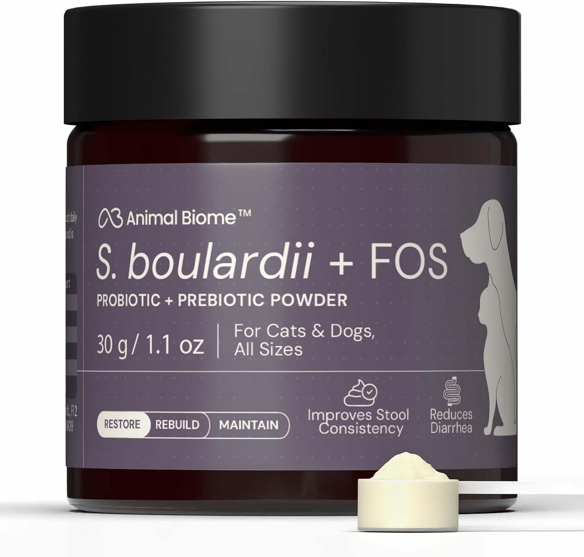 AnimalBiome S Boulardii FOS Powder Probiotics 30g jar front view for pet gut health