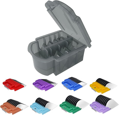 Dodaer stainless steel guide comb set front view showing eight vibrant color-coded pet grooming attachments.