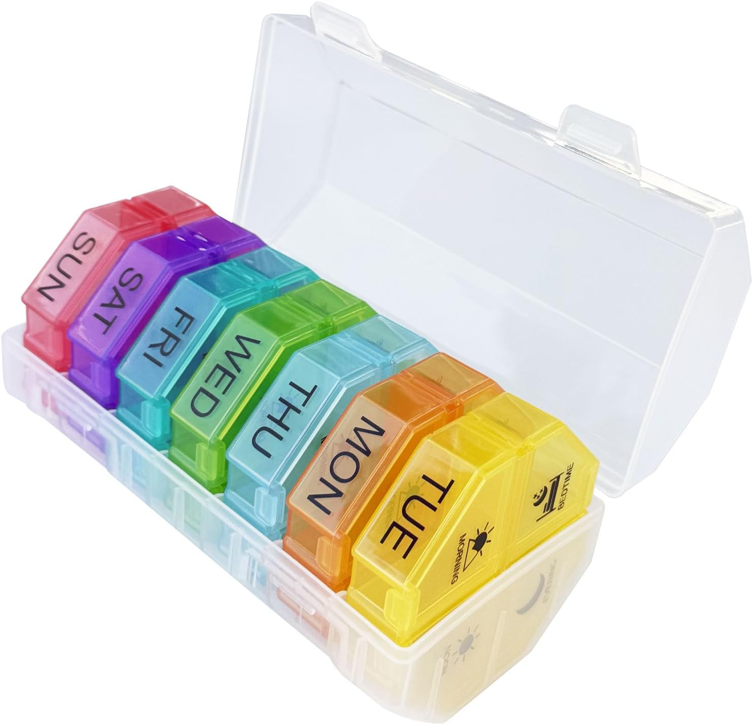 Tmeng weekly pill organizer front view showing seven colorful daily trays inside a transparent outer container.