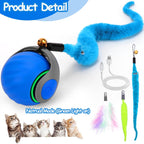 Mity Rain interactive pet enrichment ball showing the green LED natural mode light and blue smart mode standby light.