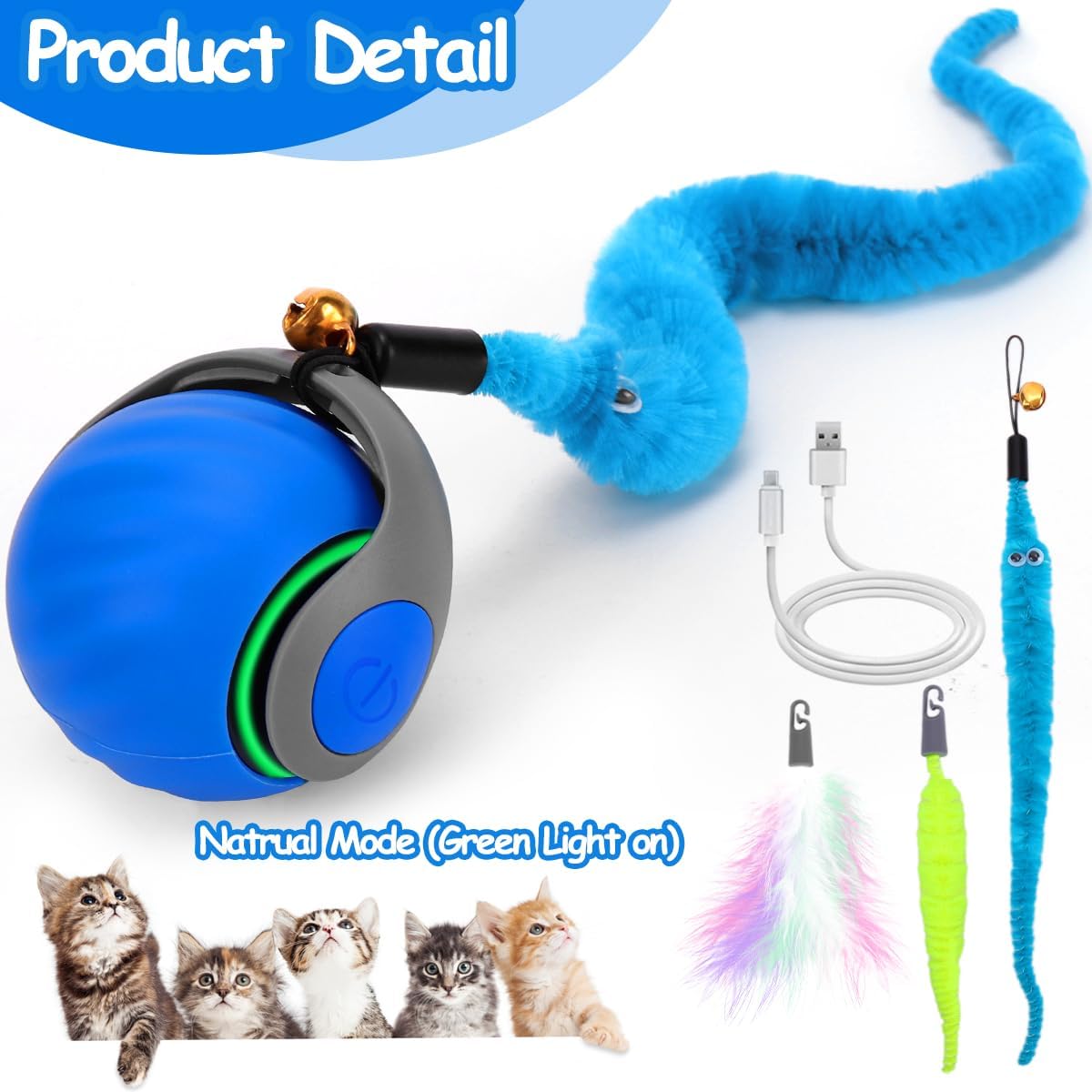 Mity Rain interactive pet enrichment ball showing the green LED natural mode light and blue smart mode standby light.