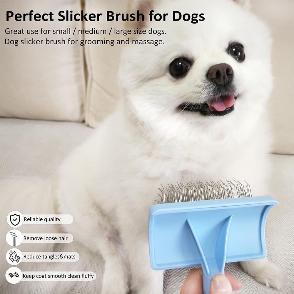 Slicker Brush for Poodles and Goldendoodles - Curved Brush for Thick, Fluffy, Shedding Fur on Dogs and Cats - Soft, Gentle Pins for Grooming (Blue) - Image 9