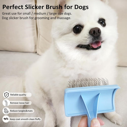 Slicker Brush for Poodles and Goldendoodles - Curved Brush for Thick, Fluffy, Shedding Fur on Dogs and Cats - Soft, Gentle Pins for Grooming (Blue) - Image 9