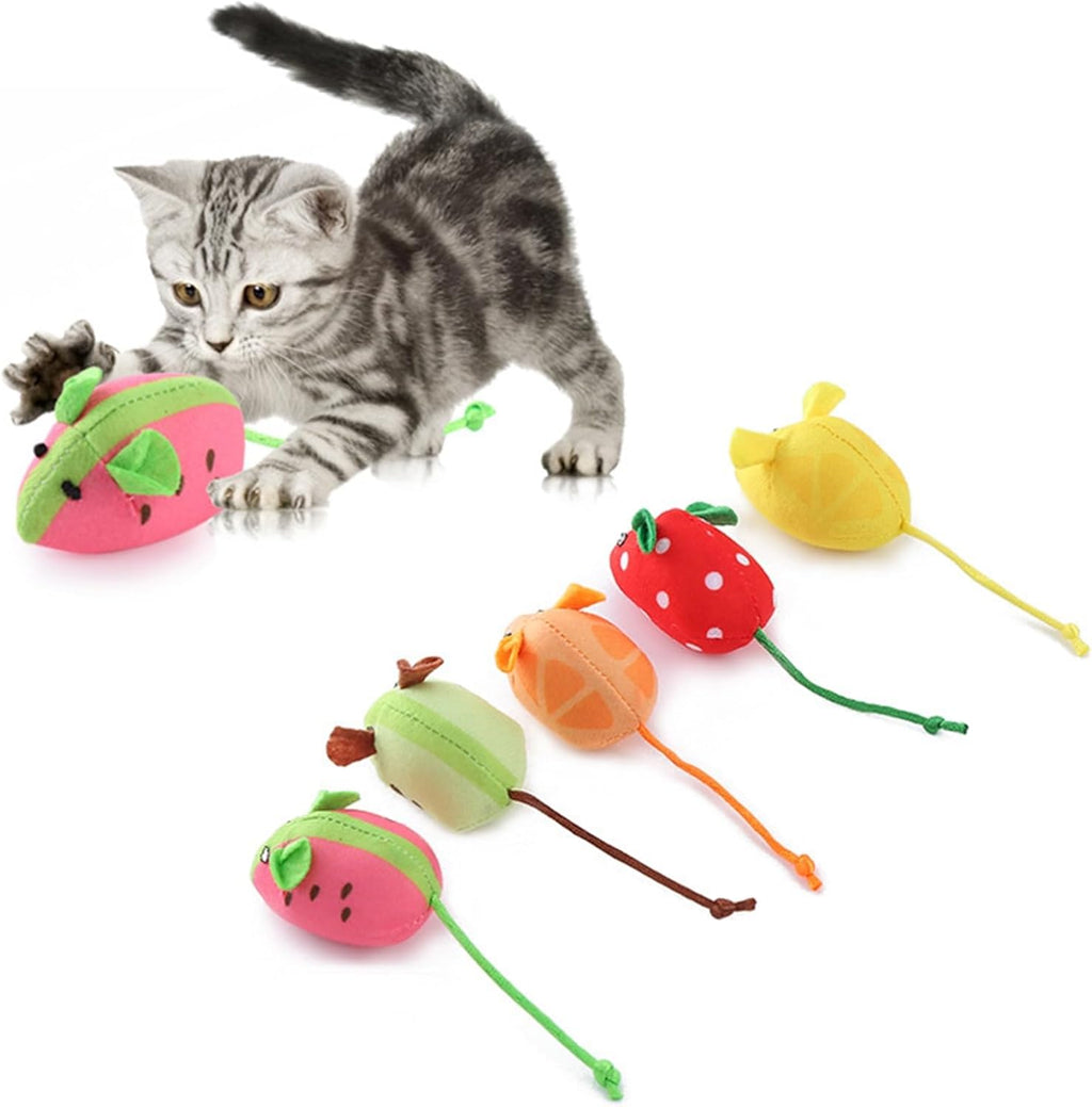 Vibrant fruit shaped interactive plush mice for indoor cats