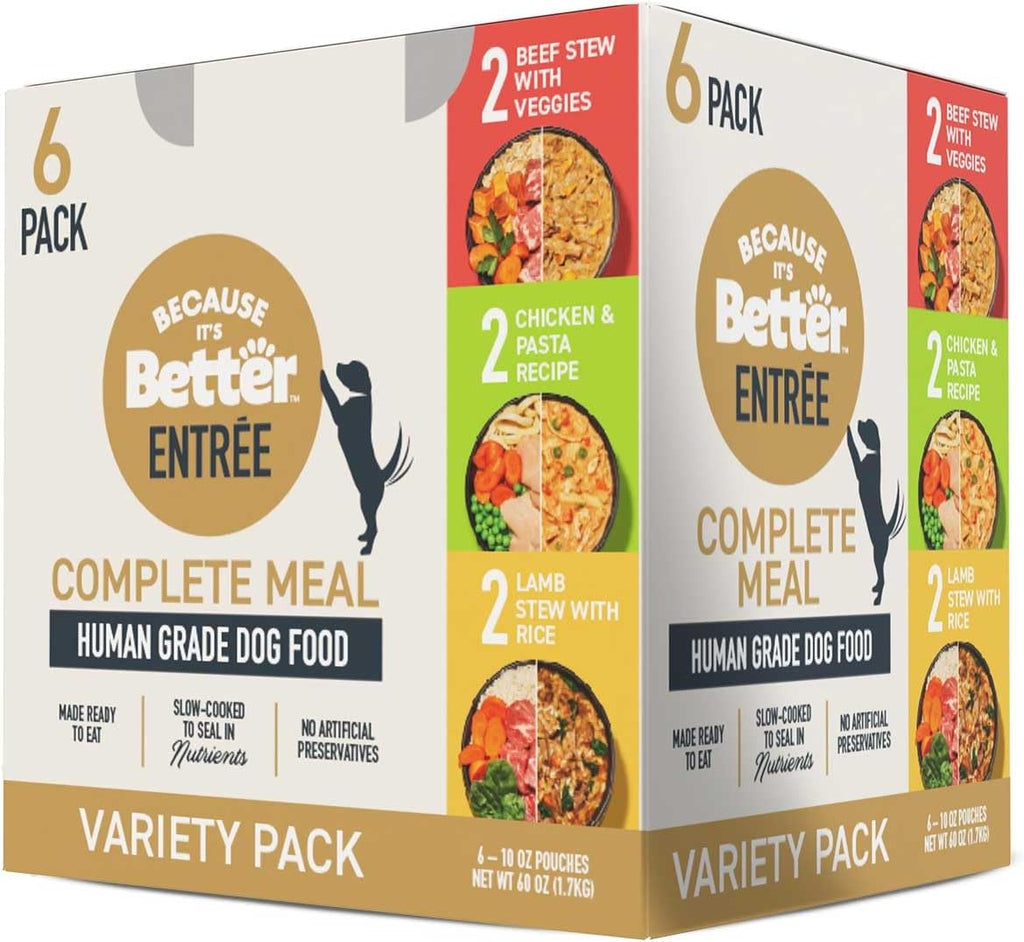 Because Its Better wet dog food variety pack showing beef chicken and lamb stew options