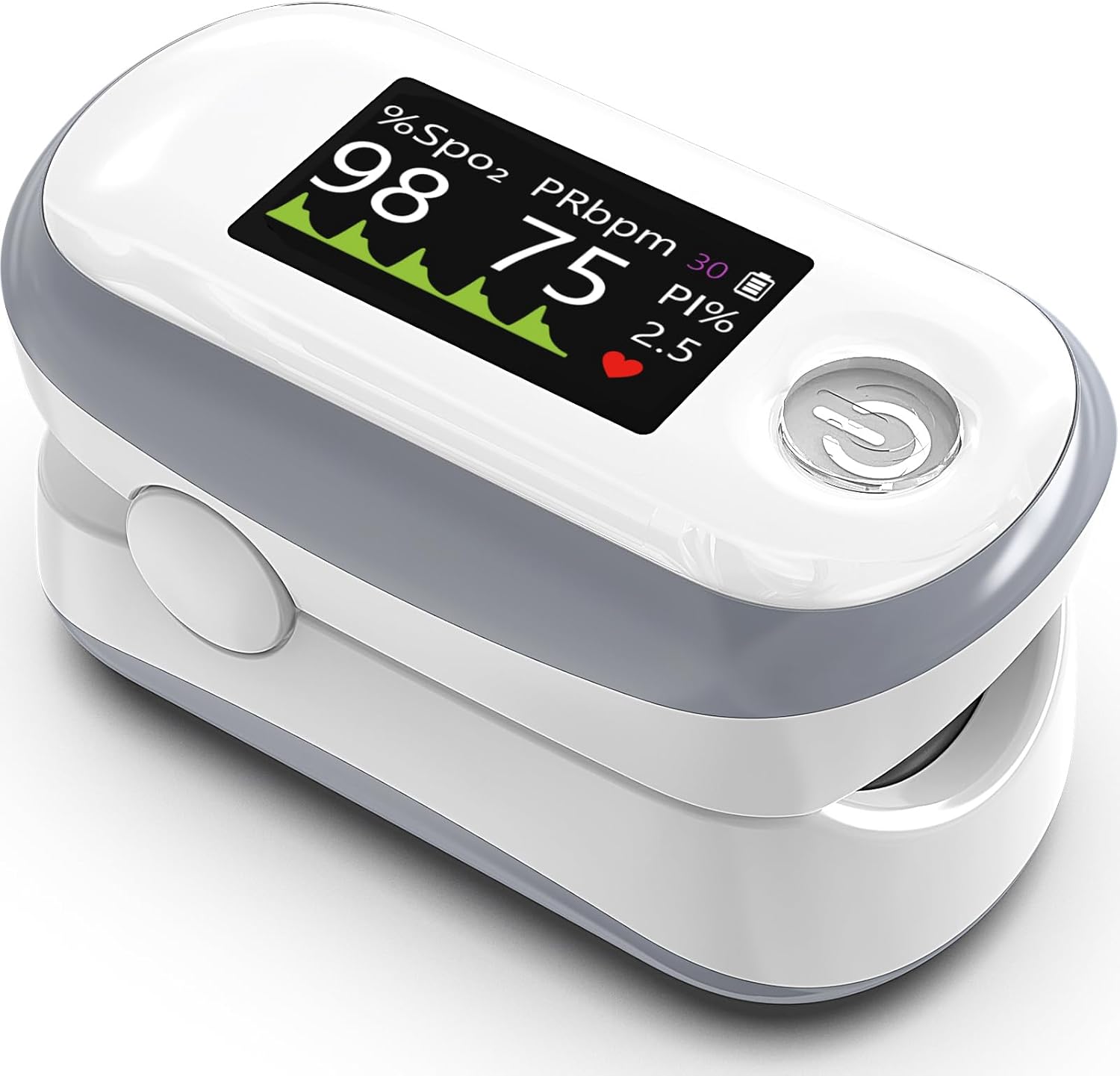 Alecaremed Pulse Oximeter front view showing 4 color OLED display.