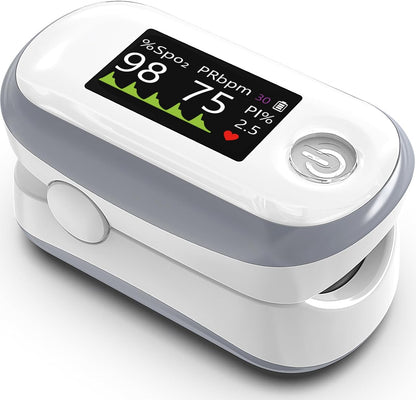Alecaremed Pulse Oximeter front view showing 4 color OLED display.