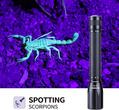 NEXTORCH ultraviolet LED light spot curing a 3D printed resin model on a workbench.
