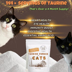 Back label of Puravita feline taurine supplement highlighting nutritional ingredients and serving details.