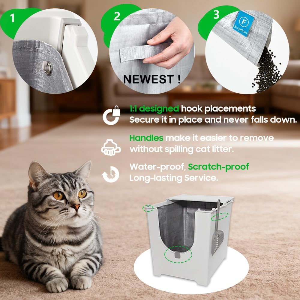 KropBom cat litter liner showing the secure hook gasket attachment system.