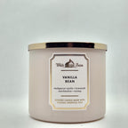 Bath & Body Works White Barn Vanilla Bean 3-Wick Candle front view showing gold lid.