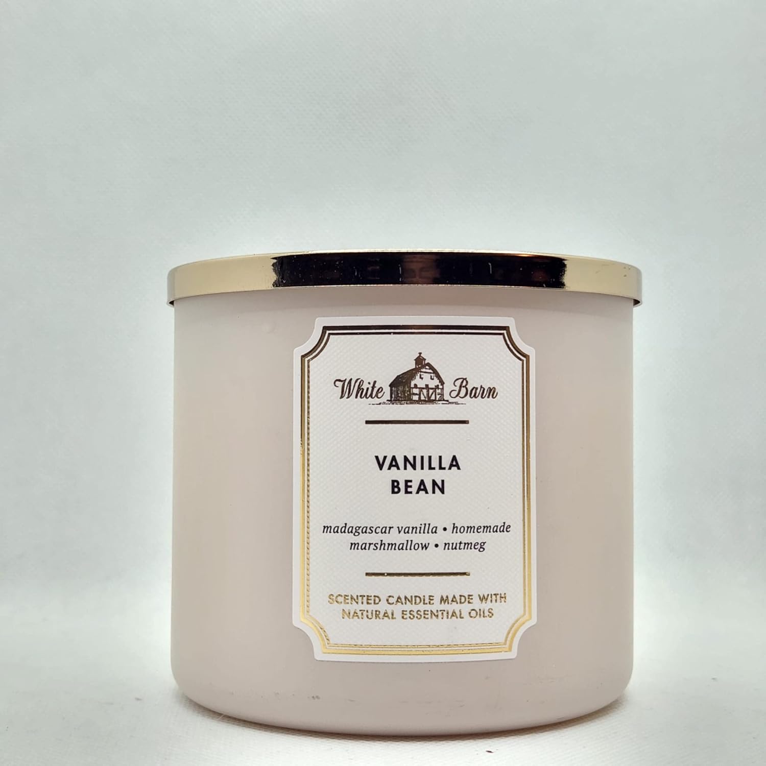 Bath & Body Works White Barn Vanilla Bean 3-Wick Candle front view showing gold lid.