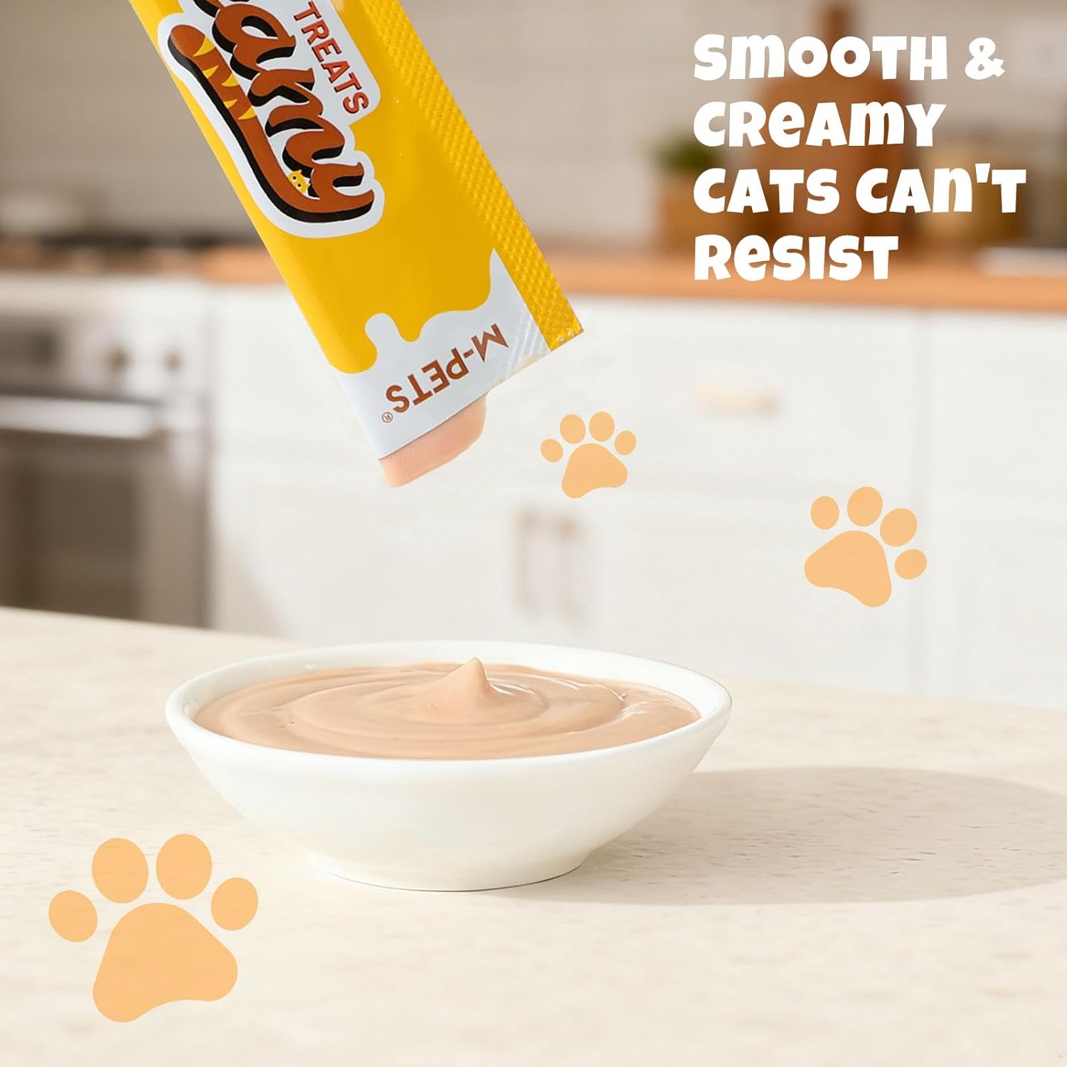 Close up of M-Pets creamy cat treat texture in a bowl