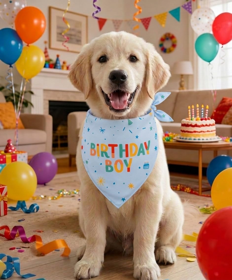 Medium dog wearing festive birthday boy neck scarf