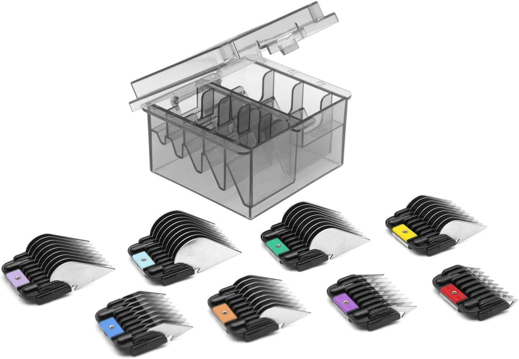 Shernbao A5-style detachable clipper blade attachment combs showing vibrant color coding for different cutting lengths