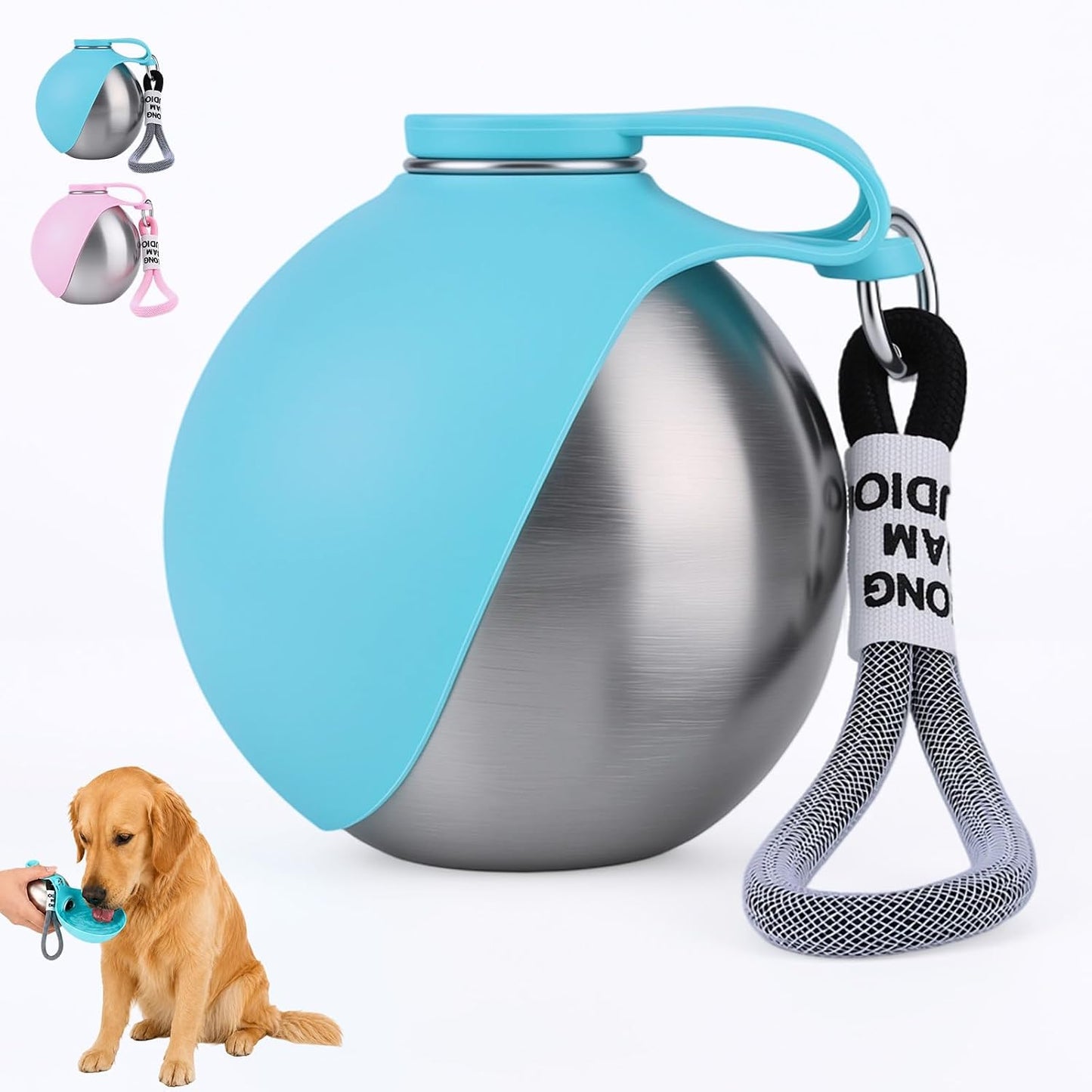 KLINNA portable dog water bottle front view showing blue silicone bowl