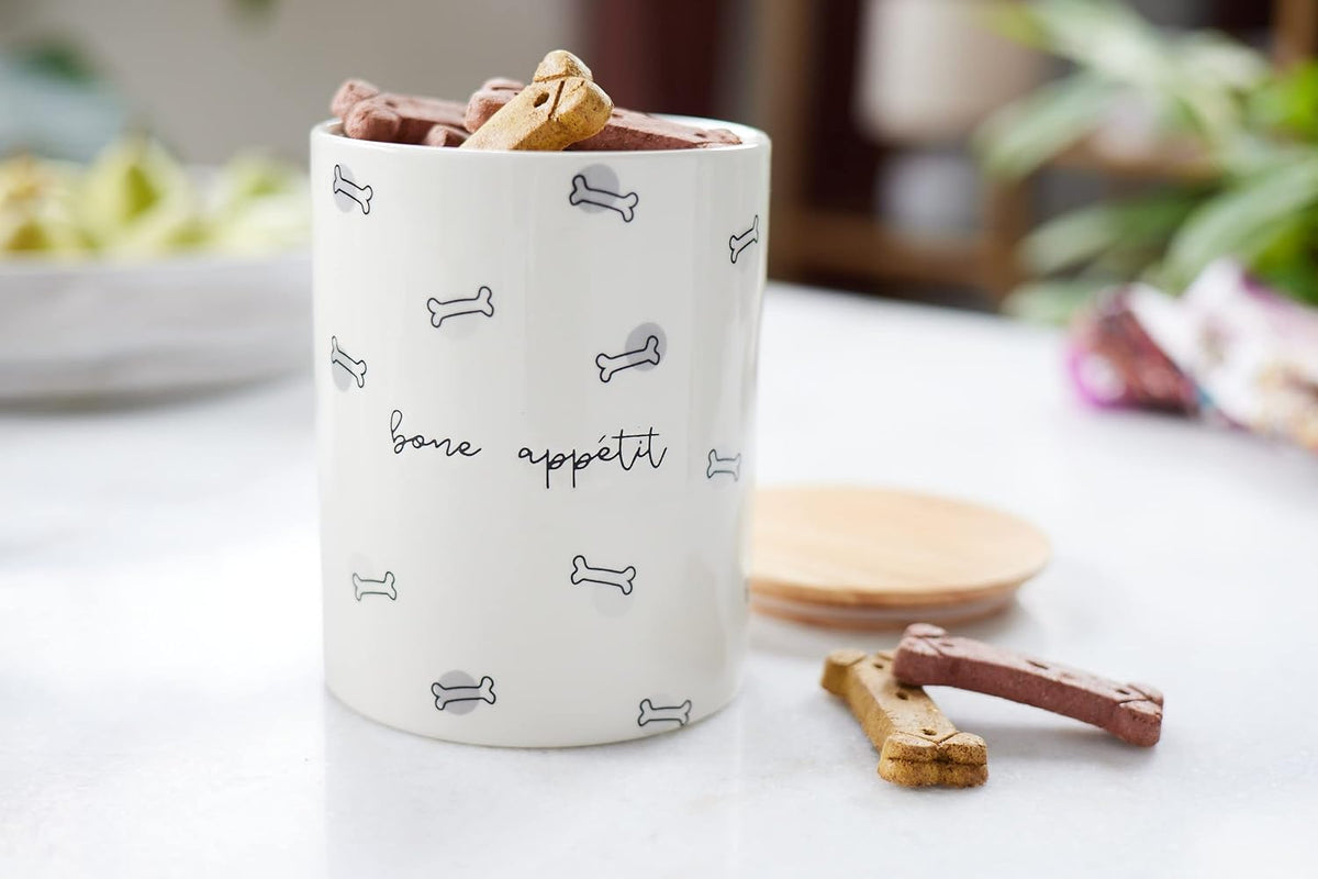 Pearhead pet treat canister showing airtight wooden lid detail
