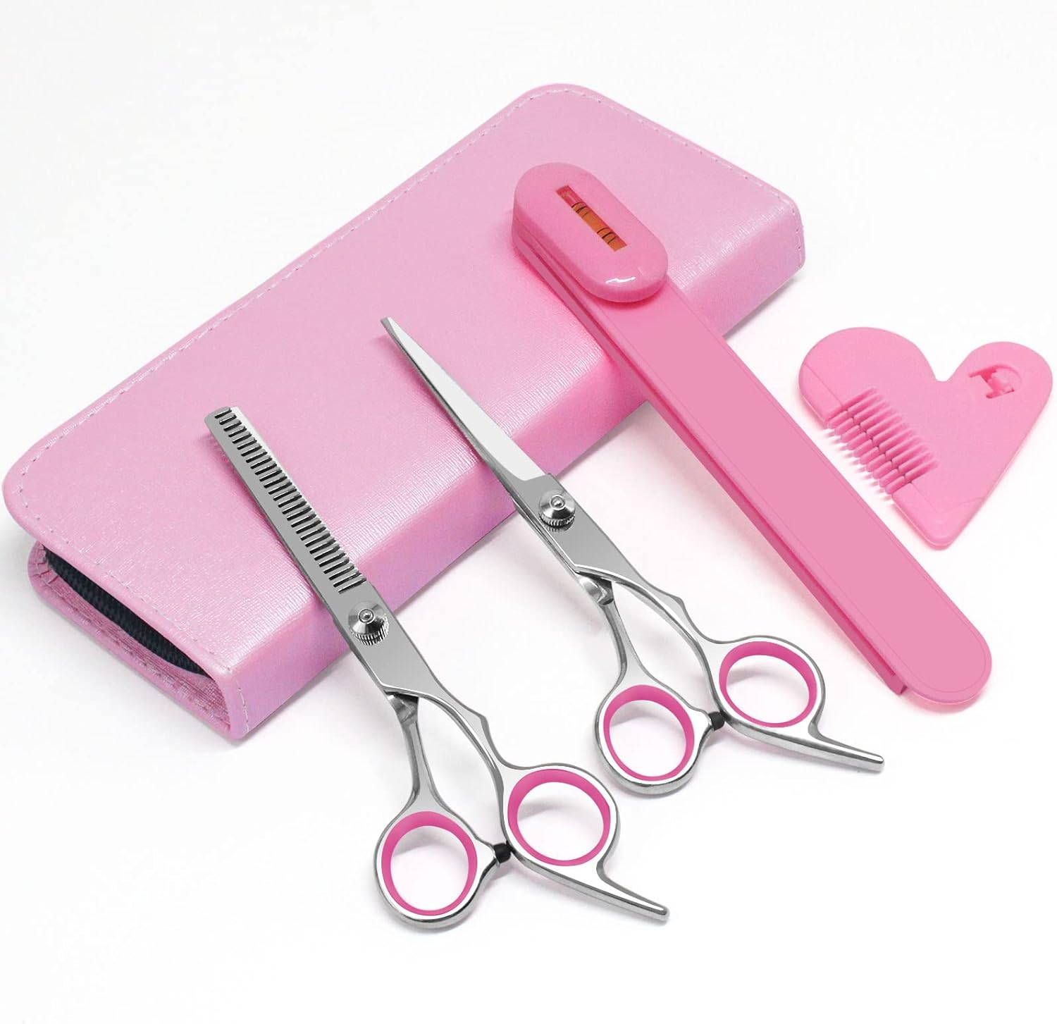 TagRecove DIY hair cutting kit front view showing pink leather case with stainless steel scissors and styling clips
