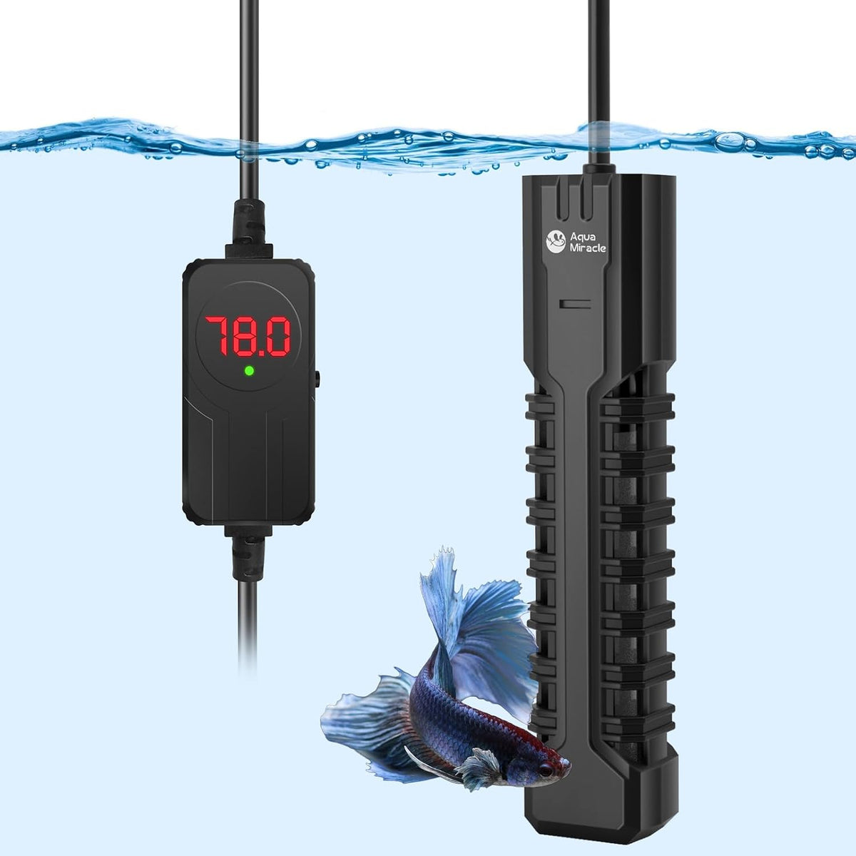 AquaMiracle 200W aquarium heater with LED display front view