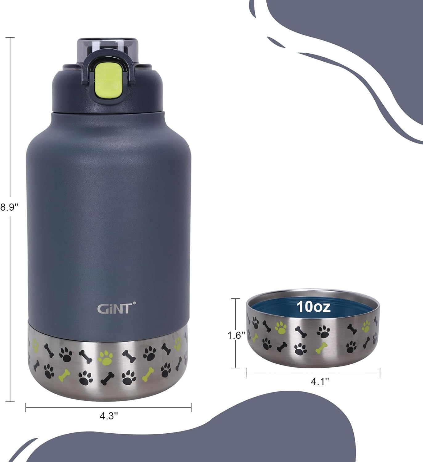 GiNT stainless steel dog bottle inside its dark grey neoprene carrying sleeve with shoulder strap.