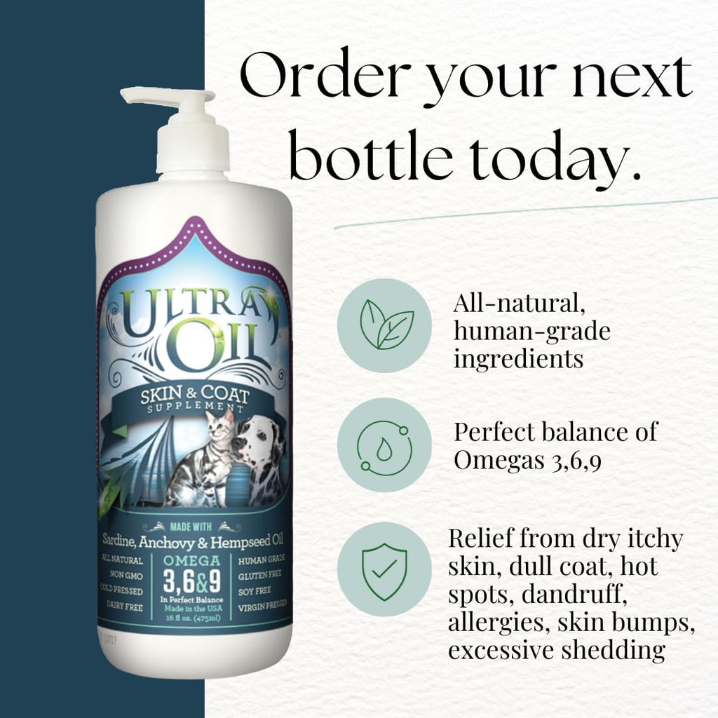 Close up view of Ultra Oil premium pet supplement highlighting the authentic human grade USA imported certification logo.