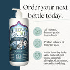 Close up view of Ultra Oil premium pet supplement highlighting the authentic human grade USA imported certification logo.