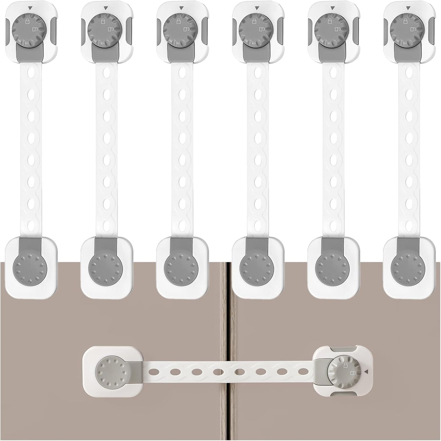 Fursafe&Q child safety cabinet locks front view package showing six white adhesive straps for baby proofing home appliances.