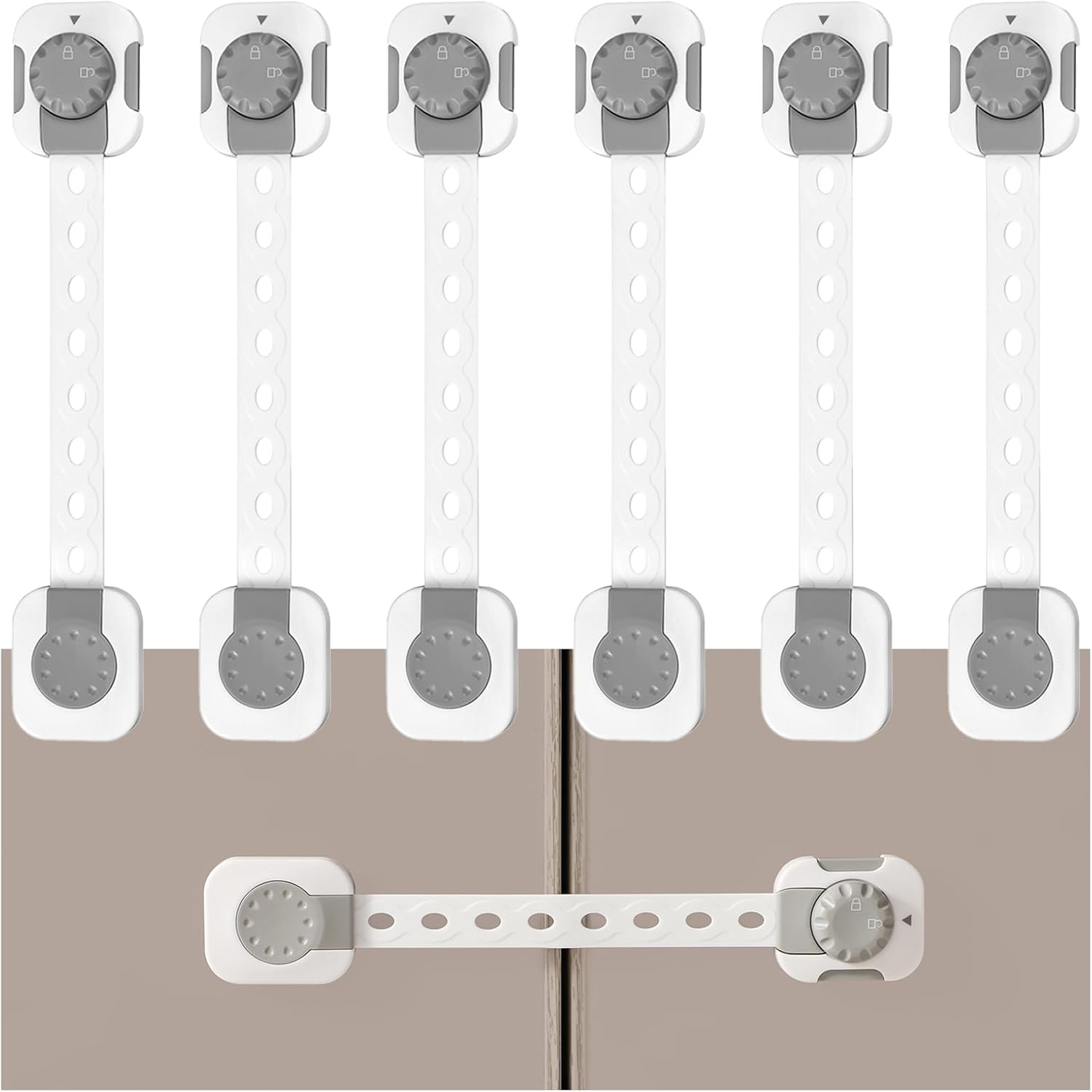 Fursafe&Q child safety cabinet locks front view package showing six white adhesive straps for baby proofing home appliances.